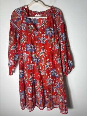 Velvet by Graham and Spencer Red 3/4 Puff Sleeve Cotton Knee Length Dress Sz M